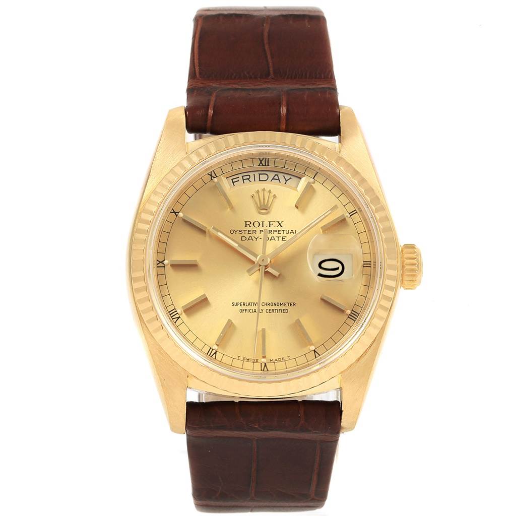 This image shows a Rolex President 18038 Men
s Yellow Gold Champagne Dial 18038 Men
s Yellow Gold Champagne Dial model watch from a top view, displaying the dial, bezel, crown, and leather strap.