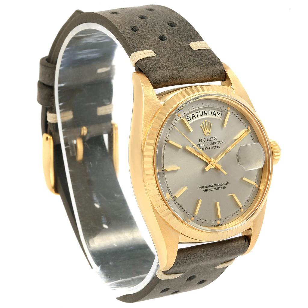 The image shows a Rolex President 1803 Men
s Yellow Gold Champagne Dial 1803 Men
s Yellow Gold Champagne Dial model watch at an oblique angle, highlighting the dial, bezel, and leather strap.