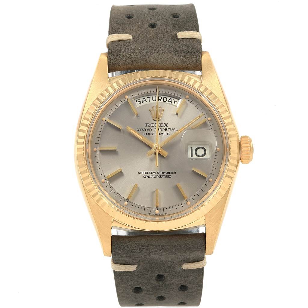 This image shows the front view of a Rolex President 1803 Men
s Yellow Gold Champagne Dial 1803 Men
s Yellow Gold Champagne Dial model watch, displaying the dial, bezel, and strap.