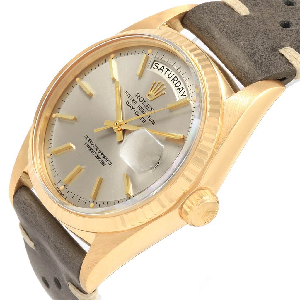 This image shows a close-up angled view of the Rolex President 1803 Men
s Yellow Gold Champagne Dial 1803 Men
s Yellow Gold Champagne Dial model watch, showcasing the dial, bezel, and crown.