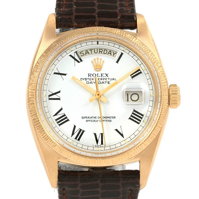Rolex President Day-Date 18K Yellow Gold Buckley Dial Mens Watch 1807 SwissWatchExpo