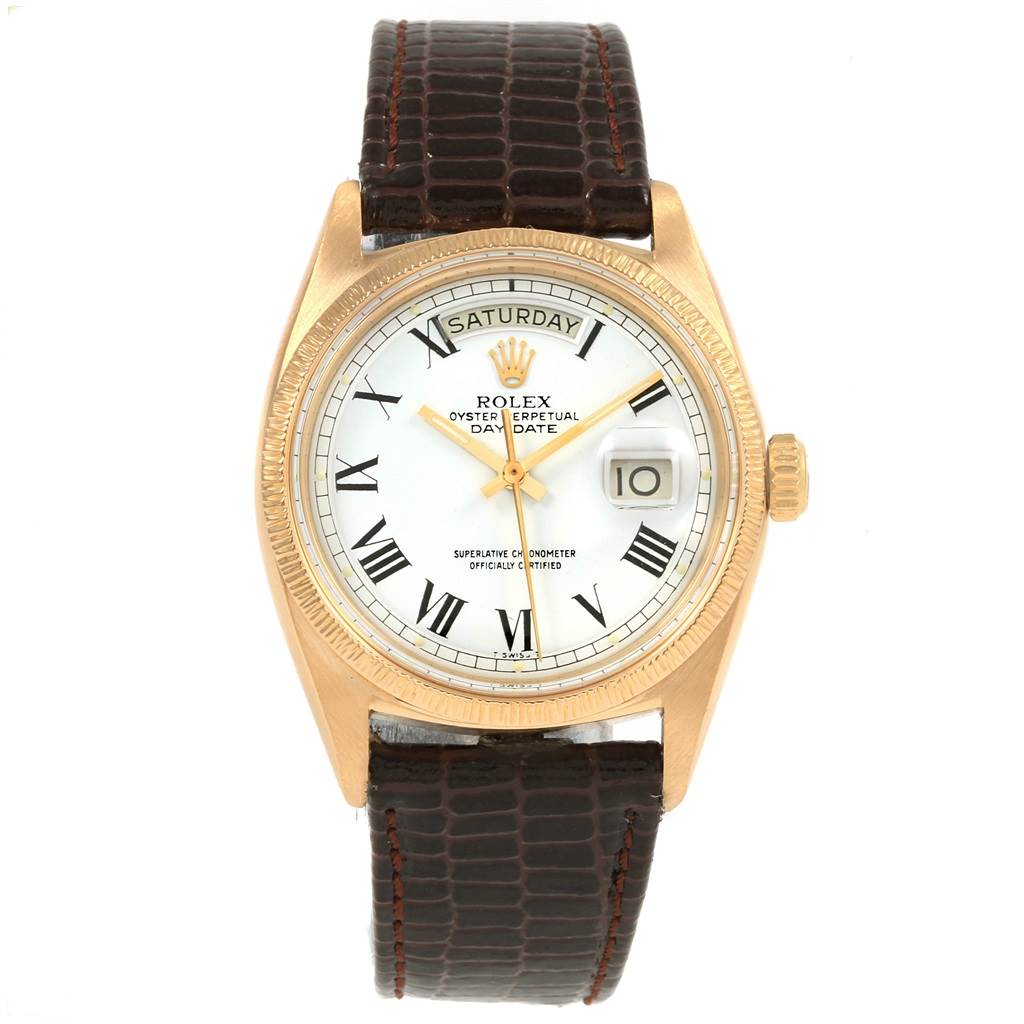 The image shows a front view of the Rolex President 1807 Men
s Yellow Gold White Dial 1807 Men
s Yellow Gold White Dial model watch, displaying its dial, bezel, crown, and leather strap.