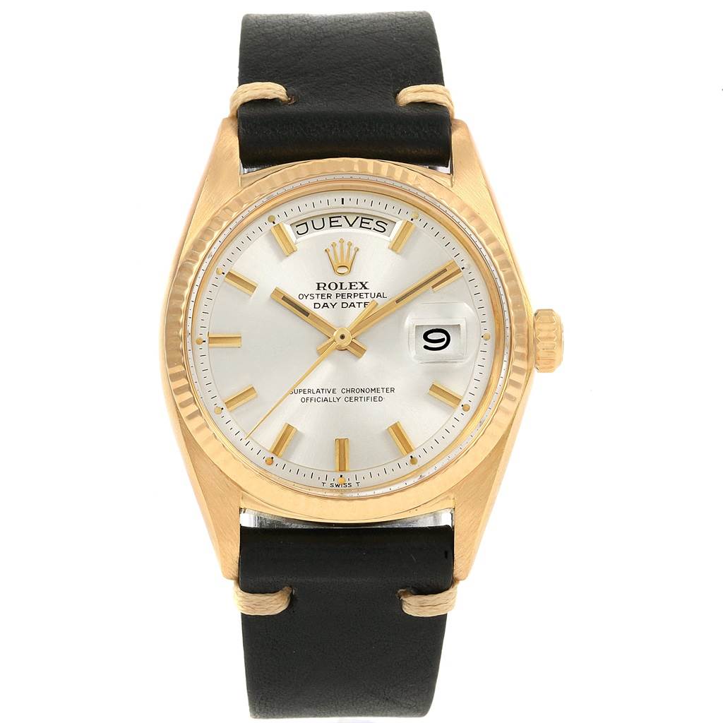The image shows a Rolex President 1803 Men
s Yellow Gold Silver Dial 1803 Men
s Yellow Gold Silver Dial model watch front view, featuring a gold case, black leather strap, and a day-date display.