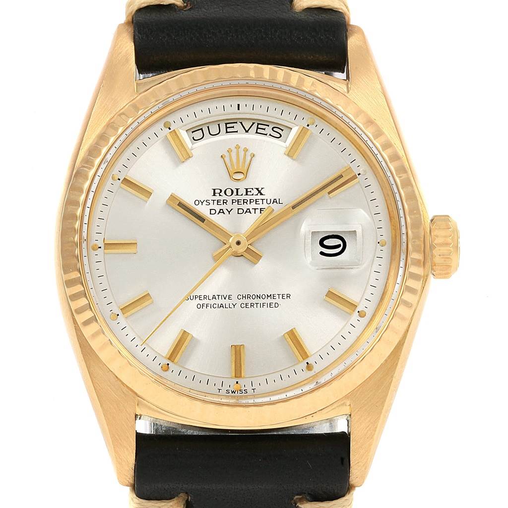 The image shows a frontal view of the Rolex President 1803 Men
s Yellow Gold Silver Dial 1803 Men
s Yellow Gold Silver Dial model watch, featuring the dial, hands, crown, and part of the strap.