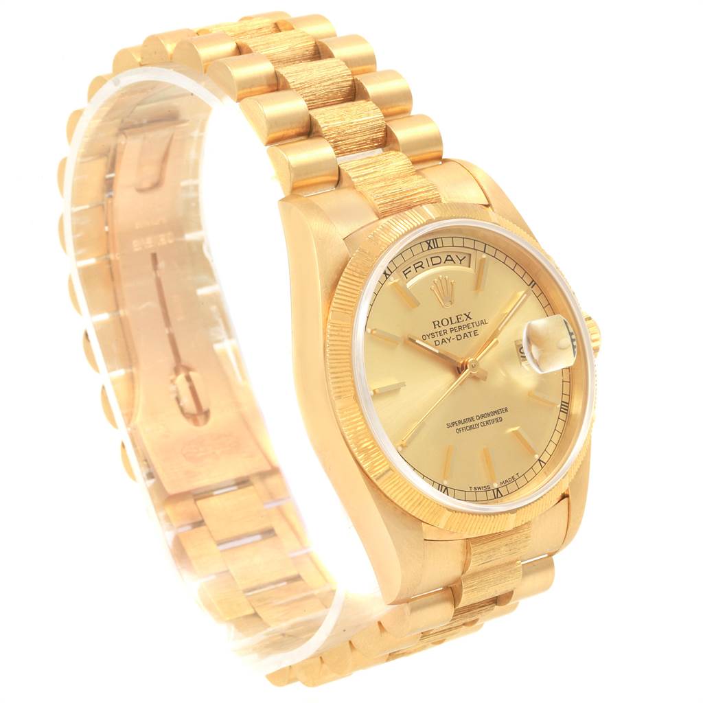 This image displays a gold Rolex President 18248 Men
s Yellow Gold Champagne Dial 18248 Men
s Yellow Gold Champagne Dial model watch showcasing the dial, bezel, case, and bracelet from an angled side view.