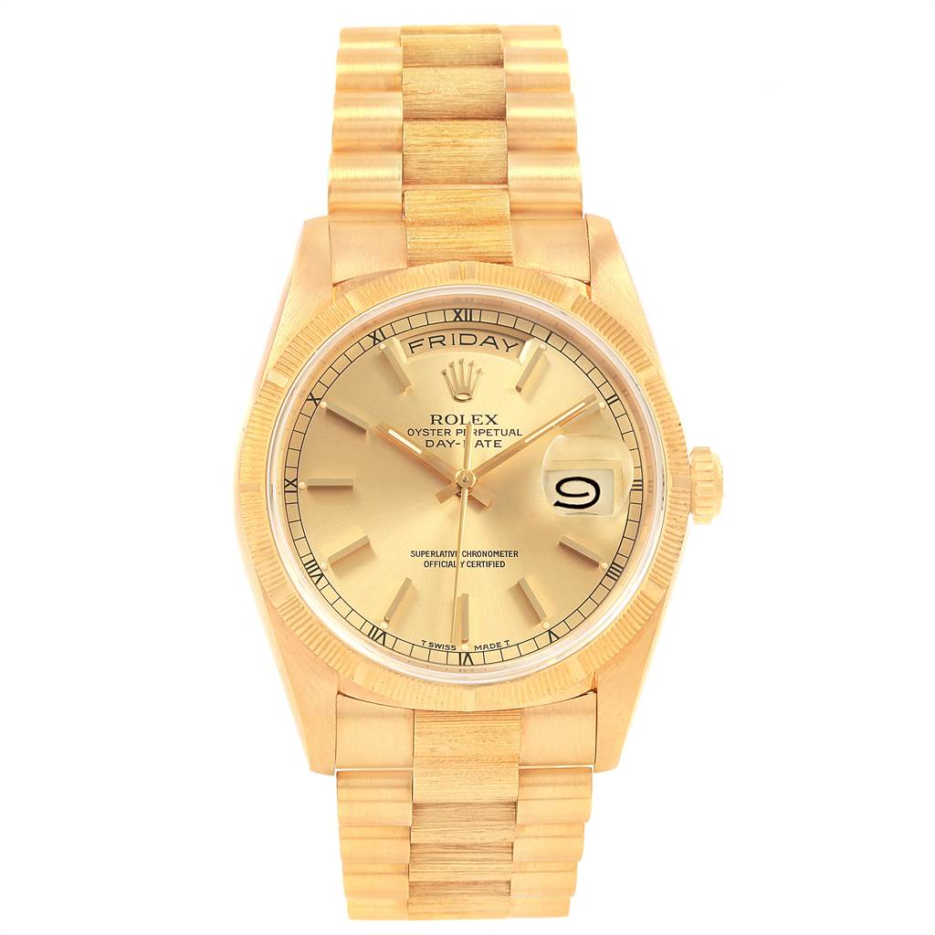 This image shows a front view of the Rolex President 18248 Men
s Yellow Gold Champagne Dial 18248 Men
s Yellow Gold Champagne Dial Day-Date watch, displaying its gold bracelet, dial, day, and date functions.