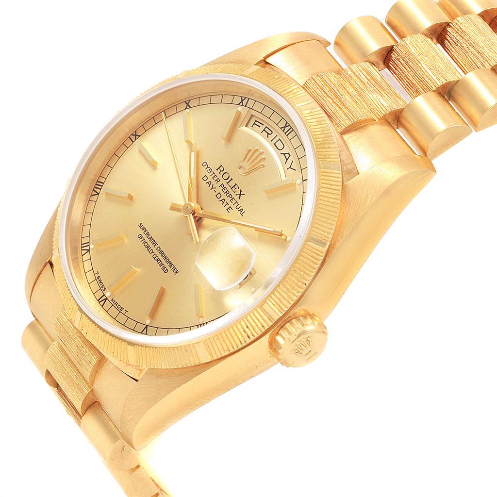 This image shows a close-up angle of the Rolex President 18248 Men
s Yellow Gold Champagne Dial 18248 Men
s Yellow Gold Champagne Dial Day-Date watch, highlighting the dial, bezel, and bracelet.
