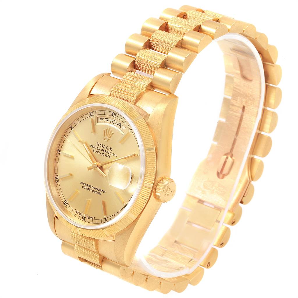 This image shows a Rolex President 18248 Men
s Yellow Gold Champagne Dial 18248 Men
s Yellow Gold Champagne Dial model watch at a three-quarter angle, highlighting its gold case, bracelet, dial, and crown.