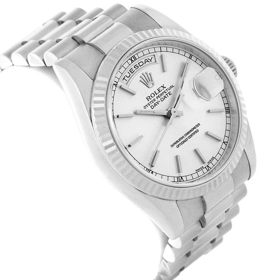 The image shows a Rolex President 118239 Men's White Gold Silver Dial 118239 Men's White Gold Silver Dial model watch at a slight angle, highlighting the face, bezel, and part of the bracelet.