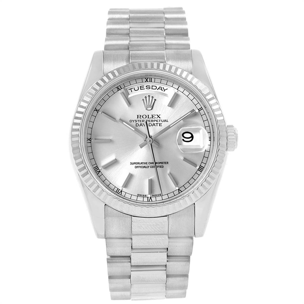 The image shows a front view of the Rolex President 118239 Men's White Gold Silver Dial 118239 Men's White Gold Silver Dial model watch, highlighting its dial, bezel, and bracelet.