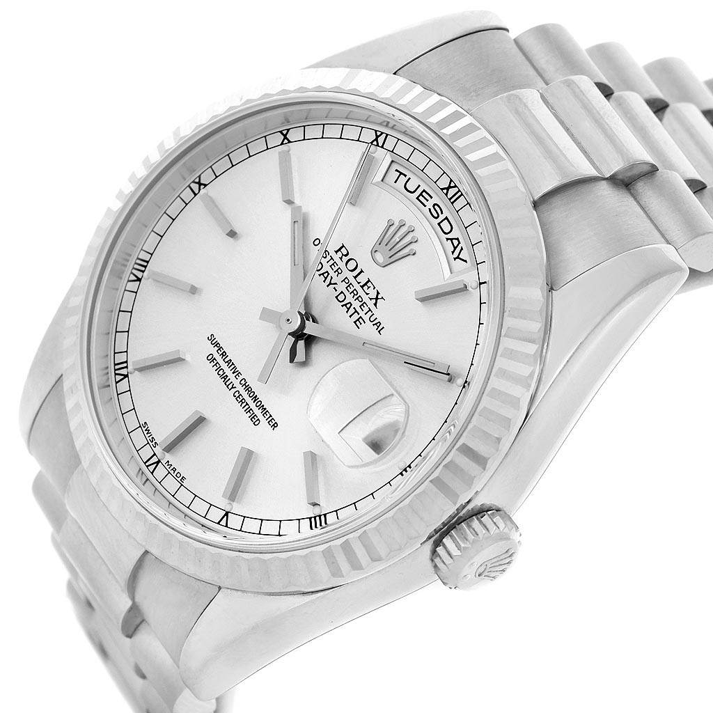 The image shows a close-up side angle of the Rolex President 118239 Men's White Gold Silver Dial 118239 Men's White Gold Silver Dial model, including the dial, case, crown, and partially the bracelet.