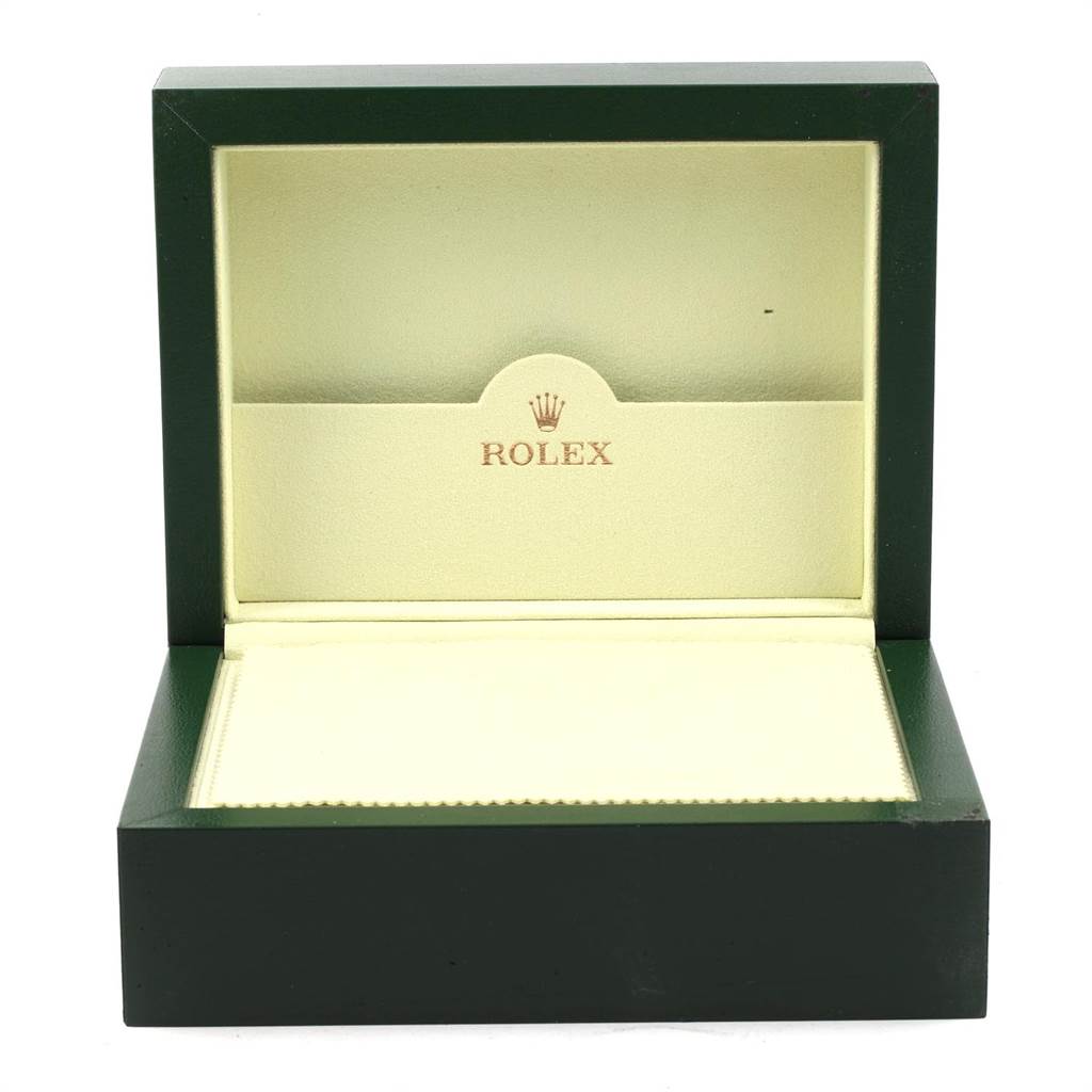 This image shows an open Rolex President 118239 Men's White Gold Silver Dial 118239 Men's White Gold Silver Dial model watch box from a front angle.