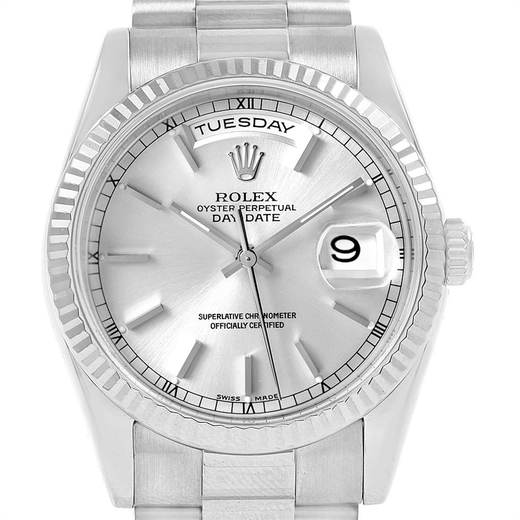 The Rolex President 118239 Men's White Gold Silver Dial 118239 Men's White Gold Silver Dial model watch is shown from a front angle, featuring its bezel, dial, day-date display, and bracelet.