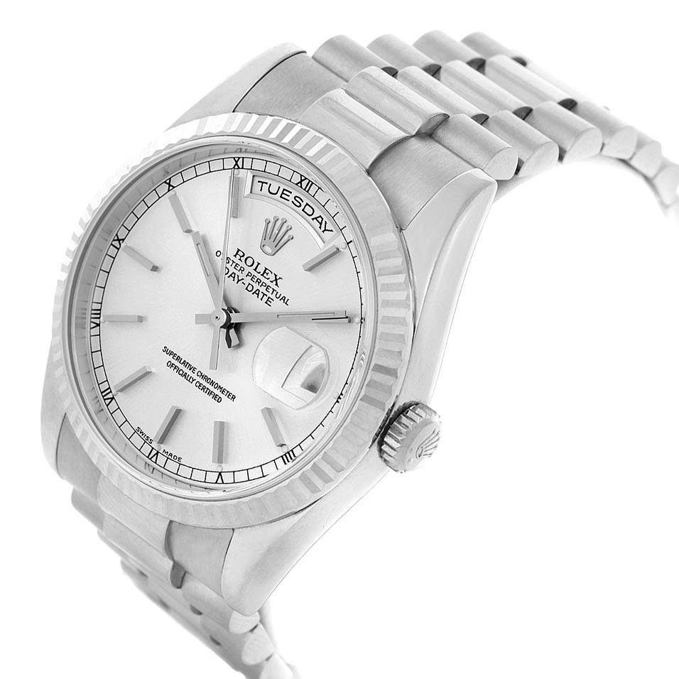 The Rolex President 118239 Men's White Gold Silver Dial 118239 Men's White Gold Silver Dial model watch is shown at a slight angle, highlighting its face, bezel, crown, and part of its bracelet.
