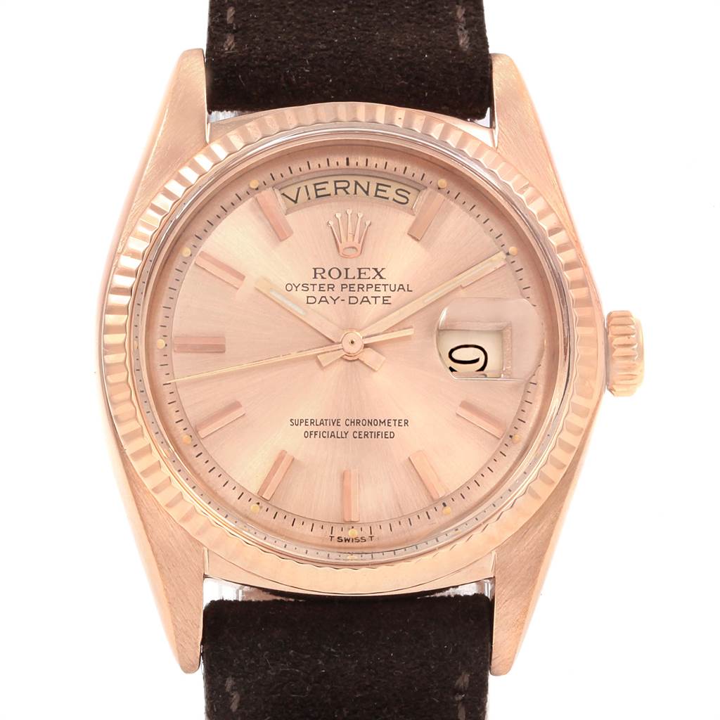 The image shows a frontal view of a Rolex President 1803 Men's Rose Gold Pink Dial 1803 Men's Rose Gold Pink Dial Day-Date watch, displaying the dial, bezel, day and date windows, and crown.