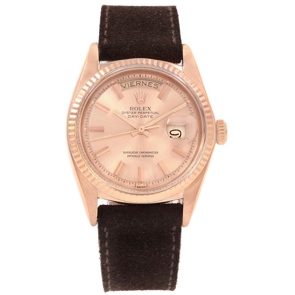 The image shows a front view of a Rolex President 1803 Men's Rose Gold Pink Dial 1803 Men's Rose Gold Pink Dial model watch with the dial, bezel, crown, and leather strap visible.