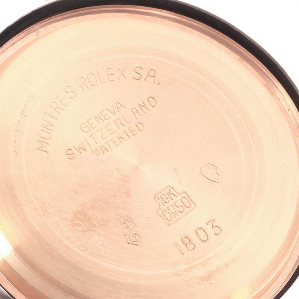 The image shows the inner case back with engravings of the Rolex President 1803 Men's Rose Gold Pink Dial 1803 Men's Rose Gold Pink Dial model watch.