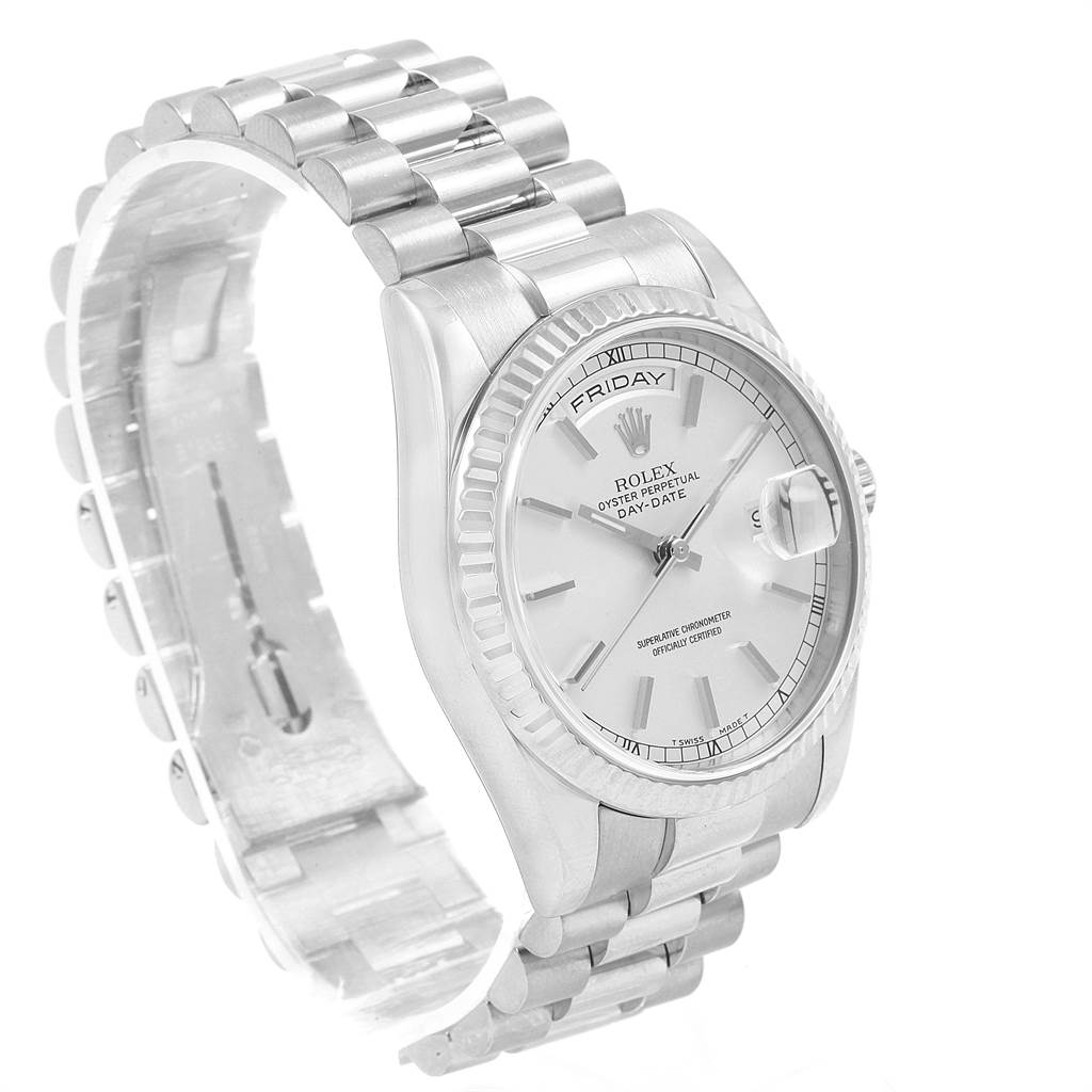 This image shows the Rolex President 118239 Men's White Gold Silver Dial 118239 Men's White Gold Silver Dial model watch at a three-quarter angle, highlighting the face and bracelet.