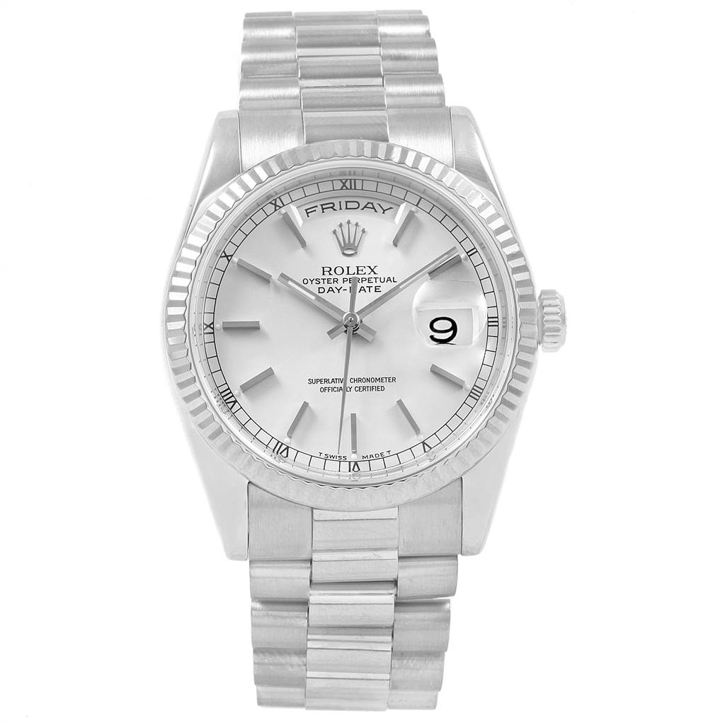 The Rolex President 118239 Men's White Gold Silver Dial 118239 Men's White Gold Silver Dial model watch is shown from a front angle, displaying the dial, bezel, day-date feature, and bracelet.