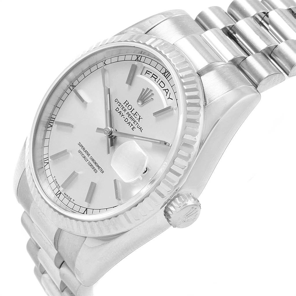 The image shows an angled view of the Rolex President 118239 Men's White Gold Silver Dial 118239 Men's White Gold Silver Dial model, focusing on the dial, case, bezel, crown, and part of the bracelet.