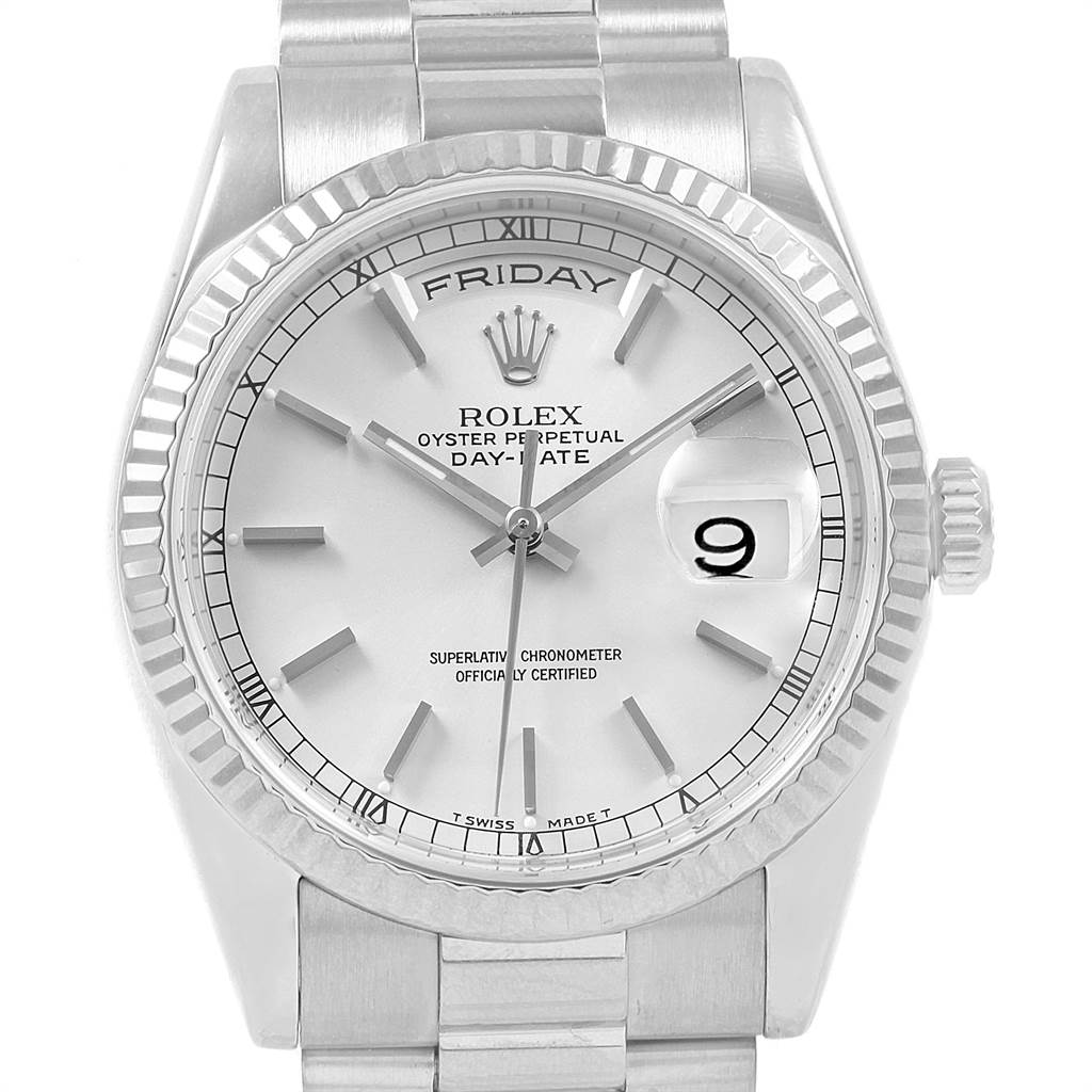 The image shows a frontal view of the dial and bezel of a Rolex President 118239 Men's White Gold Silver Dial 118239 Men's White Gold Silver Dial model watch.