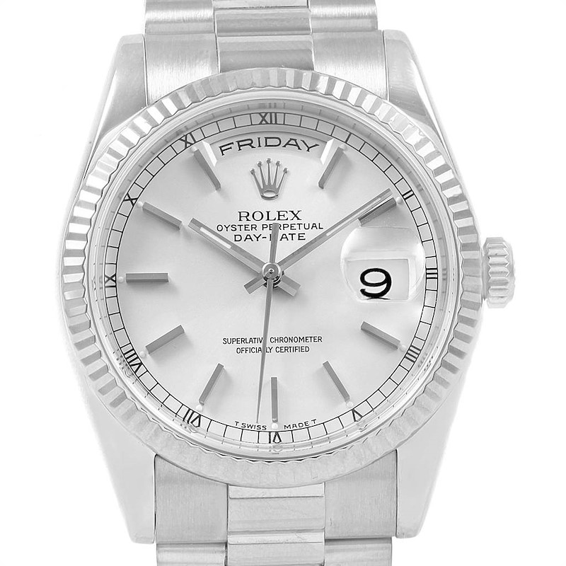 Rolex Day-Date President White Gold Silver Baton Dial Mens Watch 118239 SwissWatchExpo