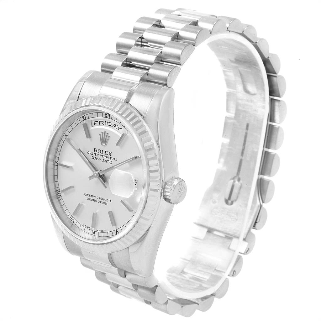 The image shows a Rolex President 118239 Men's White Gold Silver Dial 118239 Men's White Gold Silver Dial model watch at an angled side view, highlighting its band, bezel, and face.