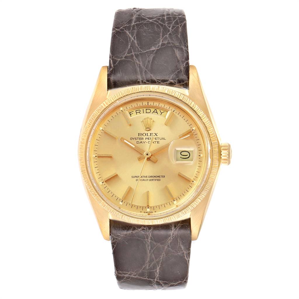 The image shows a front view of a Rolex President 1807 Men
s Yellow Gold Champagne Dial 1807 Men
s Yellow Gold Champagne Dial watch, highlighting its dial, bezel, and leather strap.