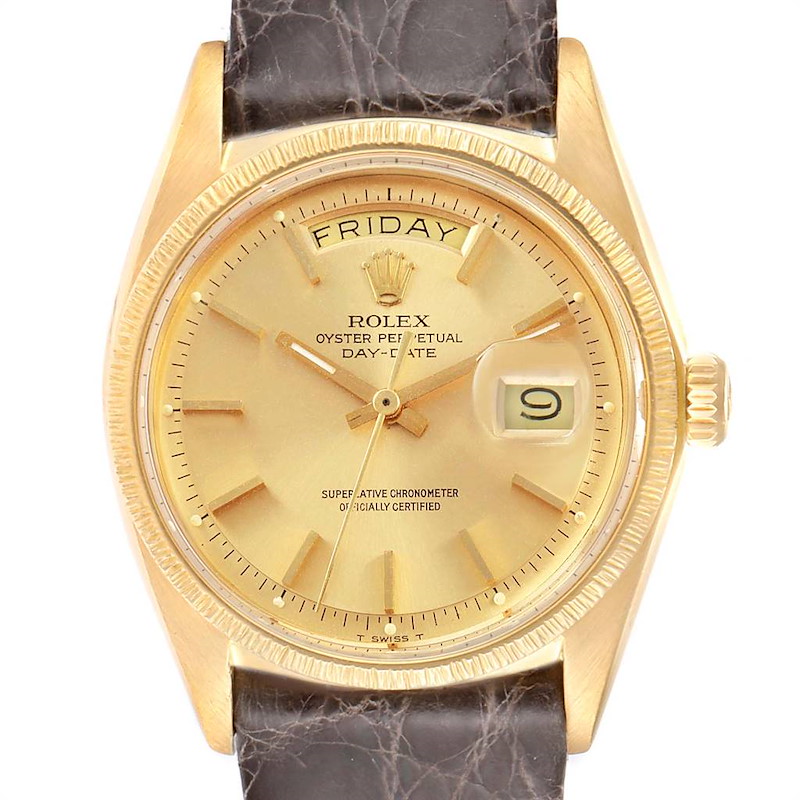 Rolex President Day-Date Yellow Gold Brown Strap Mens Watch 1807 SwissWatchExpo