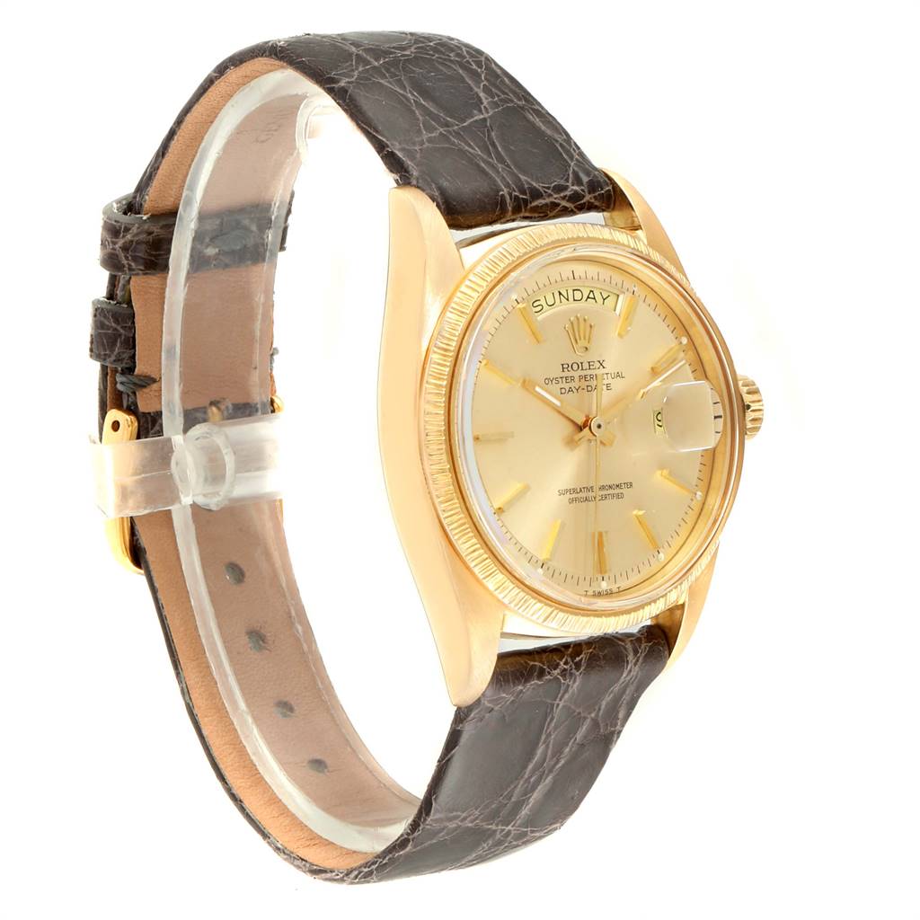 The image shows a side view of the Rolex President 1807 Men
s Yellow Gold Champagne Dial 1807 Men
s Yellow Gold Champagne Dial model watch, highlighting its gold case and brown leather strap.