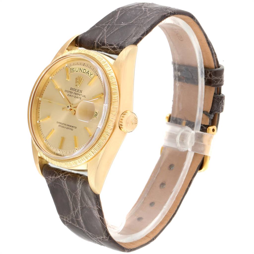 The Rolex President 1807 Men
s Yellow Gold Champagne Dial 1807 Men
s Yellow Gold Champagne Dial watch is shown at an angle displaying the gold case, dial, crown, and leather strap.