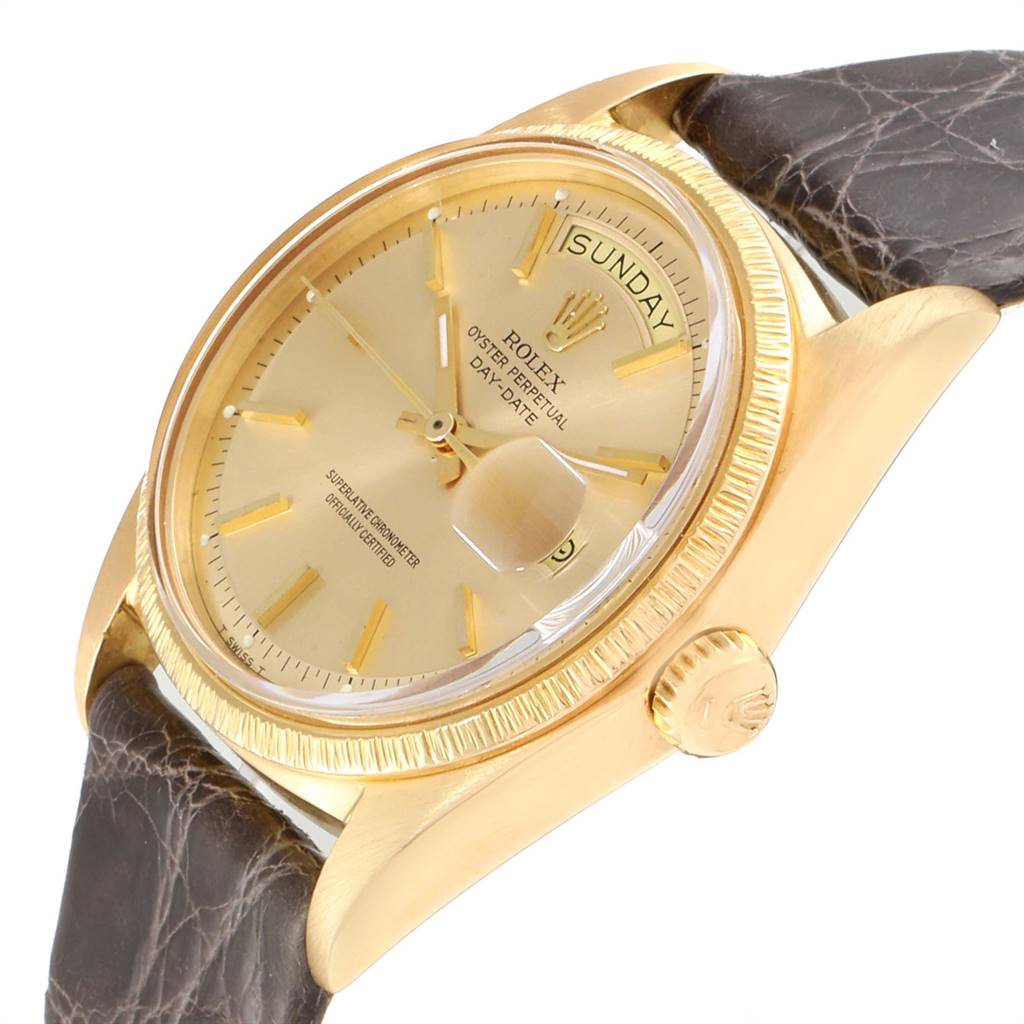 The image shows a close-up view of the Rolex President 1807 Men
s Yellow Gold Champagne Dial 1807 Men
s Yellow Gold Champagne Dial model watch, displaying its dial, bezel, crown, and leather strap.