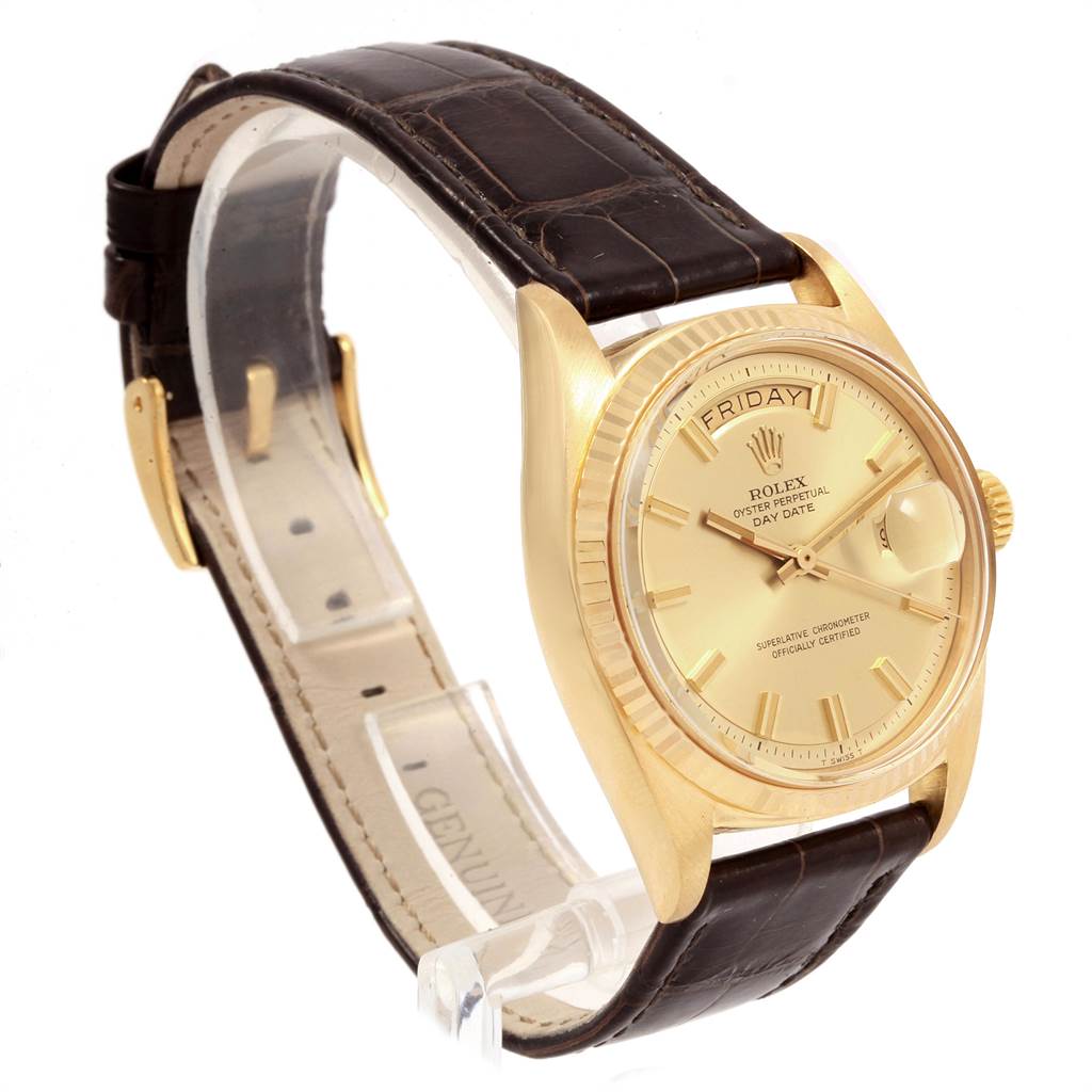This image shows a Rolex President 1803 Men
s Yellow Gold Champagne Dial 1803 Men
s Yellow Gold Champagne Dial model watch at an angled front view, highlighting its gold case, dial, and leather strap.