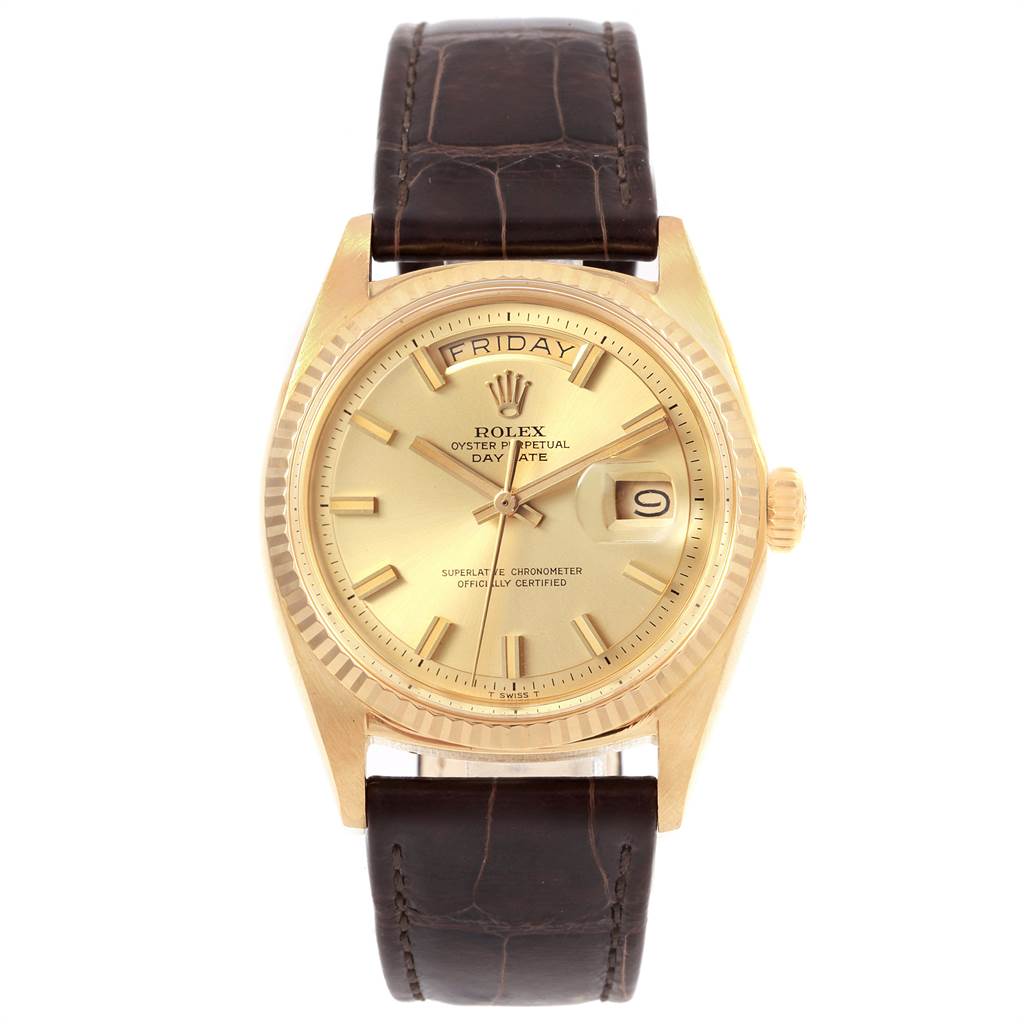 The Rolex President 1803 Men
s Yellow Gold Champagne Dial 1803 Men
s Yellow Gold Champagne Dial model watch is shown from the front, featuring a gold case, a day-date display, and a brown leather strap.