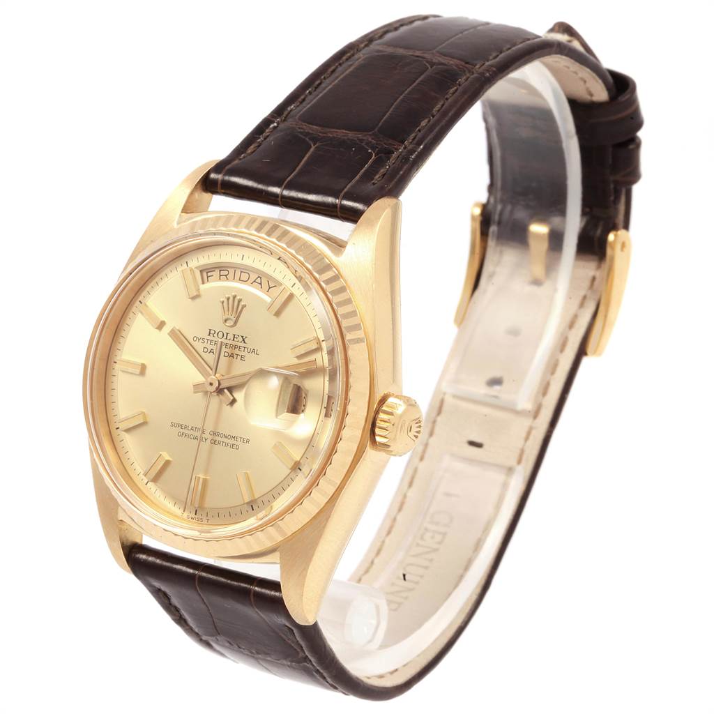 The Rolex President 1803 Men
s Yellow Gold Champagne Dial 1803 Men
s Yellow Gold Champagne Dial model watch is shown at a front-left angle, highlighting its dial, bezel, crown, and leather strap.