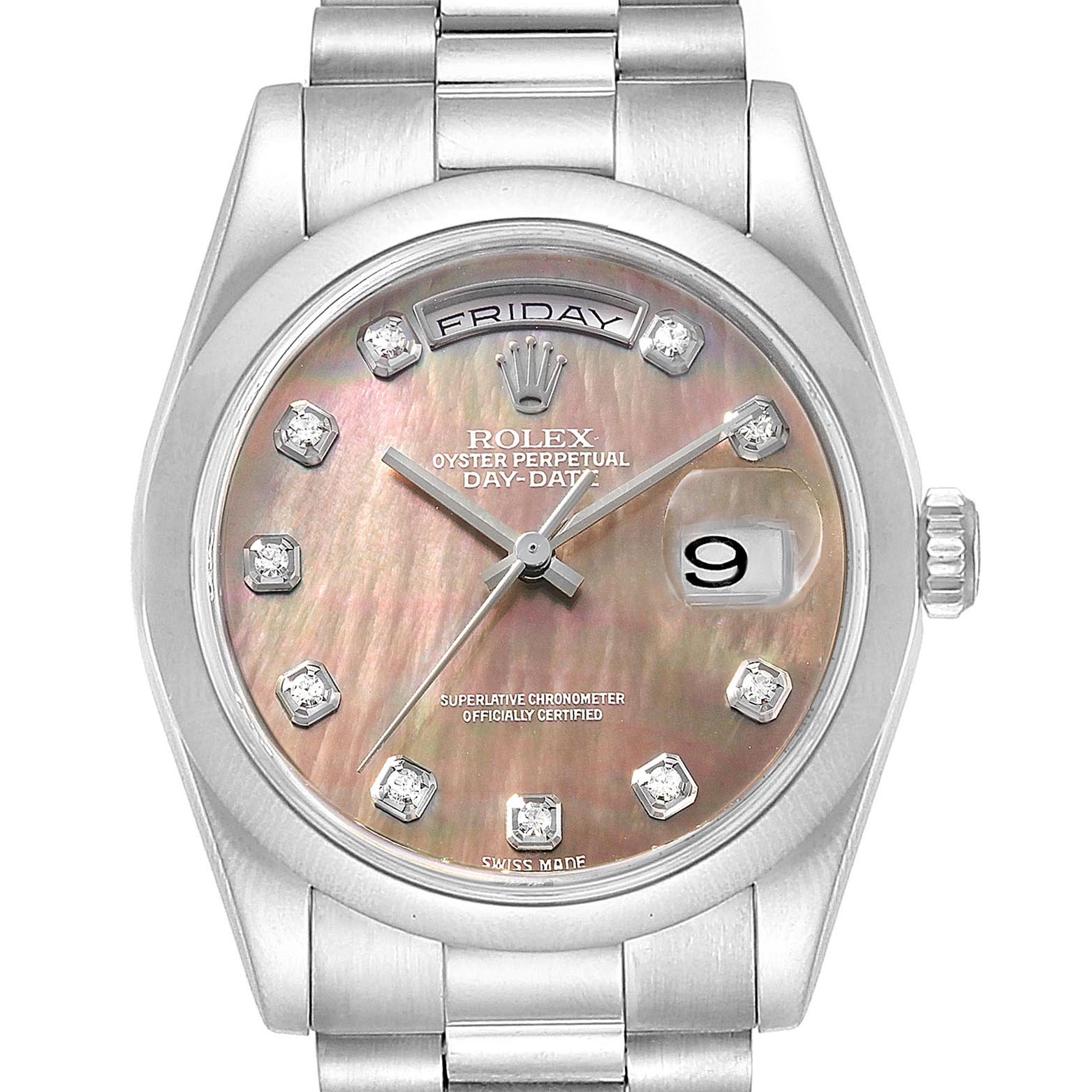 The image shows a front view of a Rolex President 118209 Men's White Gold Mother of Pearl Dial 118209 Men's White Gold Mother of Pearl Dial model watch displaying its dial, bezel, day, date, and bracelet.