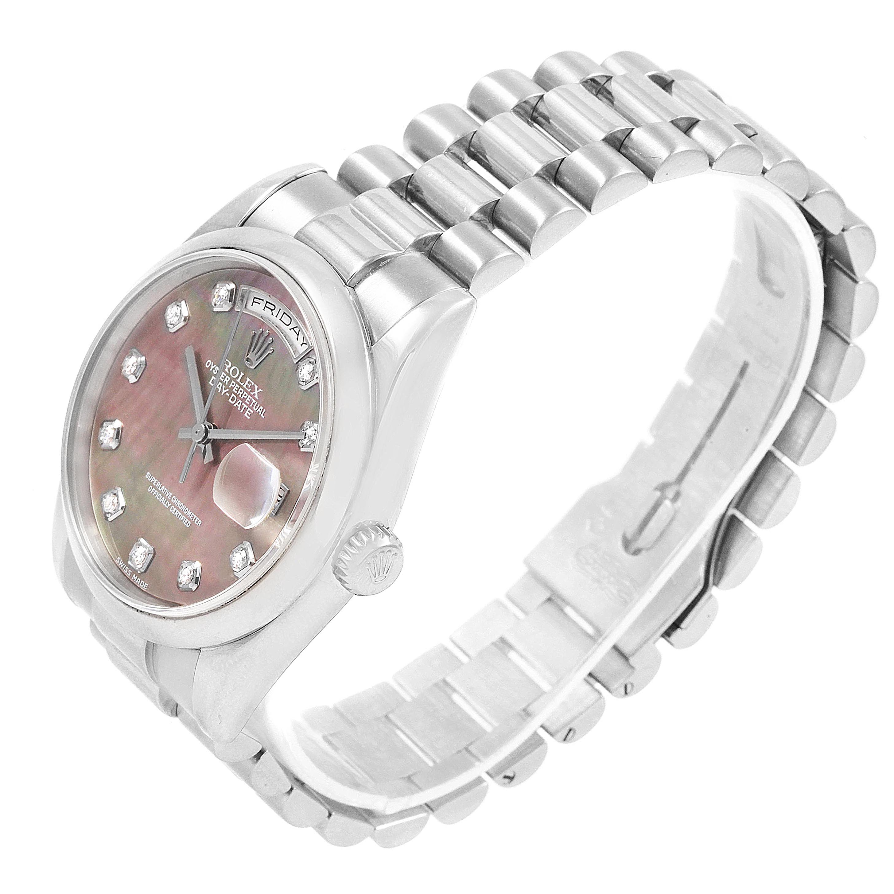 The image shows a Rolex President 118209 Men's White Gold Mother of Pearl Dial 118209 Men's White Gold Mother of Pearl Dial model watch at a slight angle, featuring the dial, bezel, and bracelet.