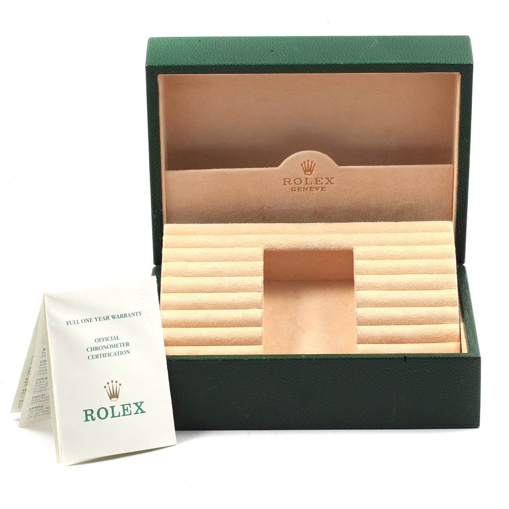 This image displays an empty Rolex President 118209 Men's White Gold Mother of Pearl Dial 118209 Men's White Gold Mother of Pearl Dial watch box and an official chronometer certification booklet.