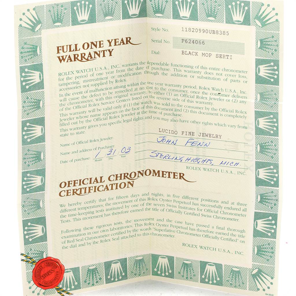 This image shows a full one-year warranty and official chronometer certification papers for a Rolex President 118209 Men's White Gold Mother of Pearl Dial 118209 Men's White Gold Mother of Pearl Dial model watch.