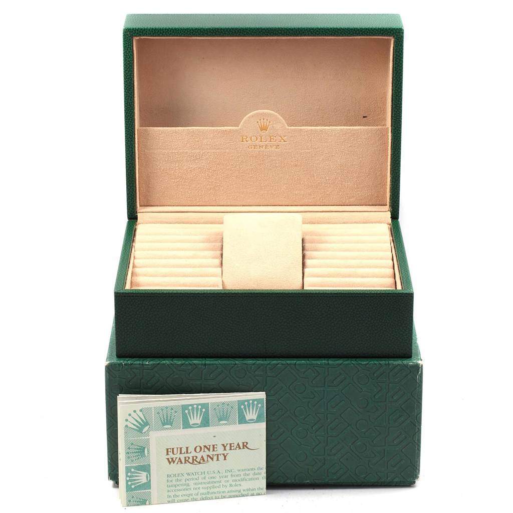 The image shows the open box and warranty card of the Rolex President 118208 Men
s Yellow Gold Black Dial 118208 Men
s Yellow Gold Black Dial model watch.