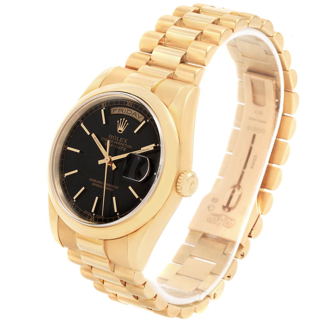 The image shows the front angle of a Rolex President 118208 Men
s Yellow Gold Black Dial 118208 Men
s Yellow Gold Black Dial model watch, highlighting its black dial, gold case, and bracelet.