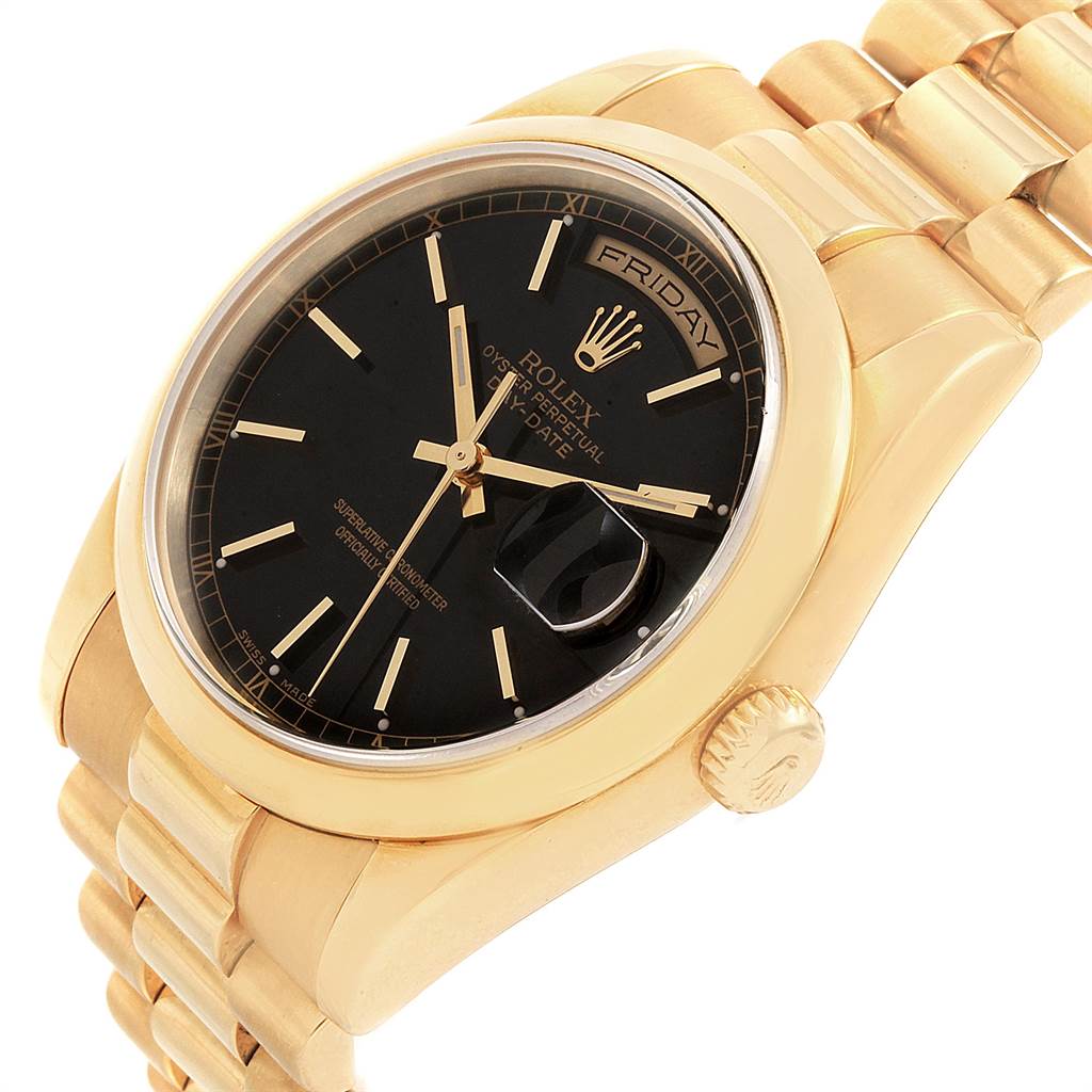 The image shows a Rolex President 118208 Men
s Yellow Gold Black Dial 118208 Men
s Yellow Gold Black Dial model watch at a slight angle, highlighting its black dial, gold case, and bracelet.