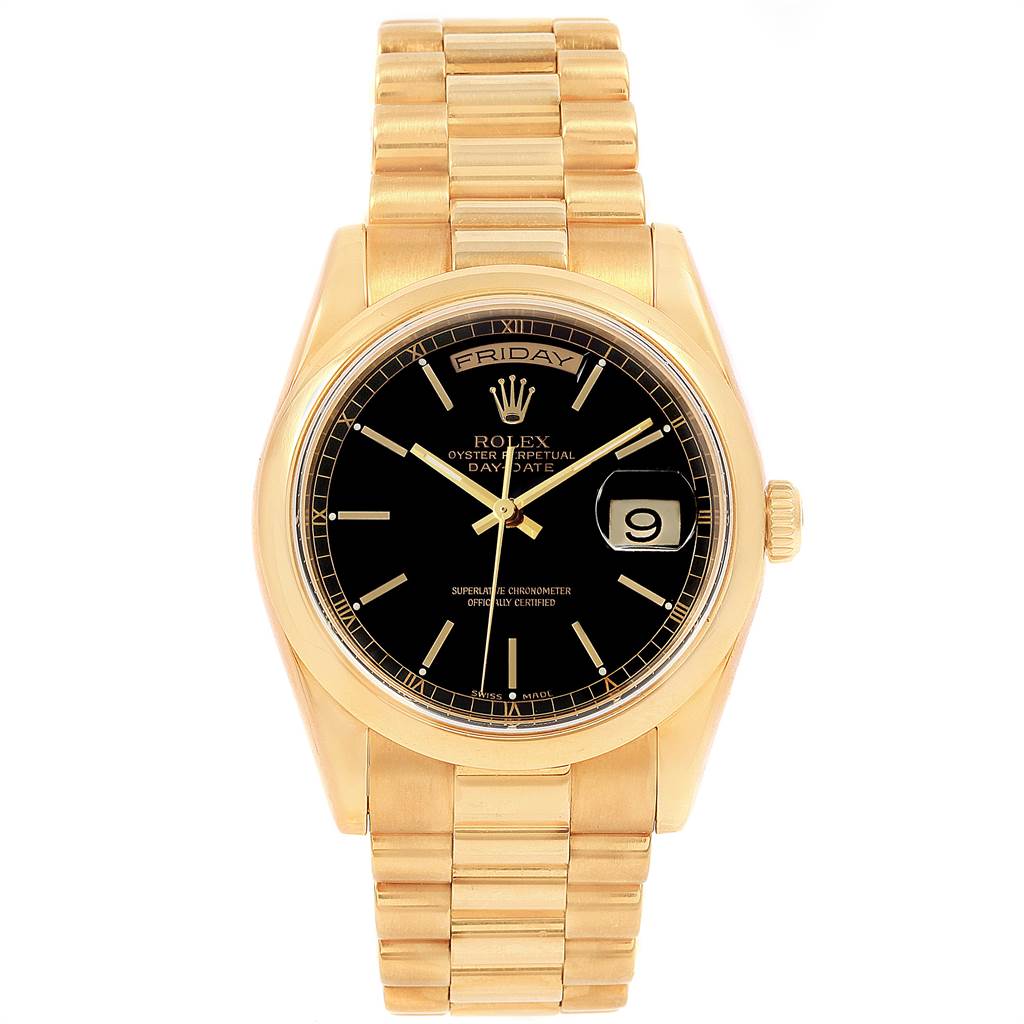 The image shows a front view of the Rolex President 118208 Men
s Yellow Gold Black Dial 118208 Men
s Yellow Gold Black Dial model watch, displaying its dial, bezel, bracelet, and crown.