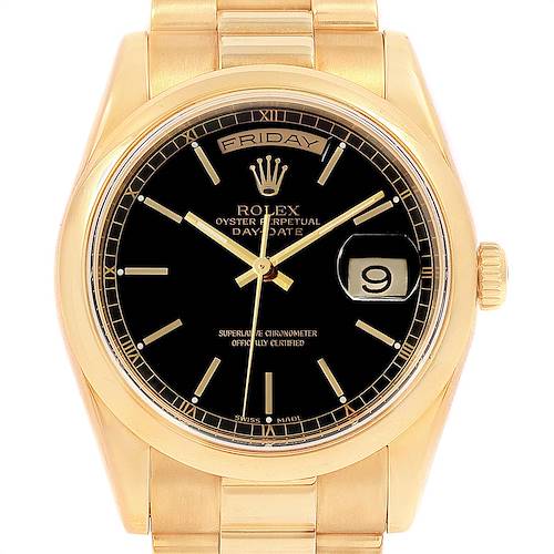 Photo of Rolex President Day Date Yellow Gold Black Dial Watch 118208 Box Papers