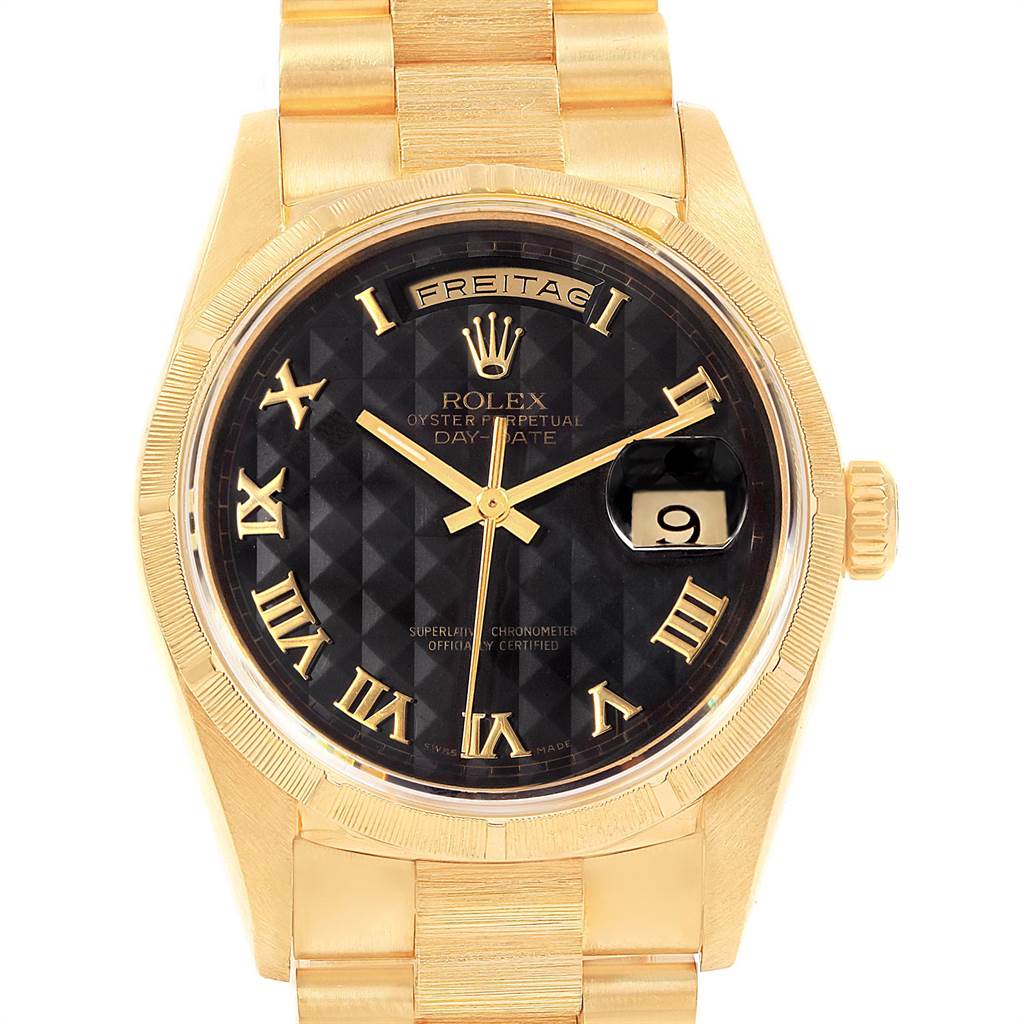 The Rolex President 18248 Men
s Yellow Gold Black Dial 18248 Men
s Yellow Gold Black Dial watch is shown from a front angle, displaying the dial and part of the gold band.