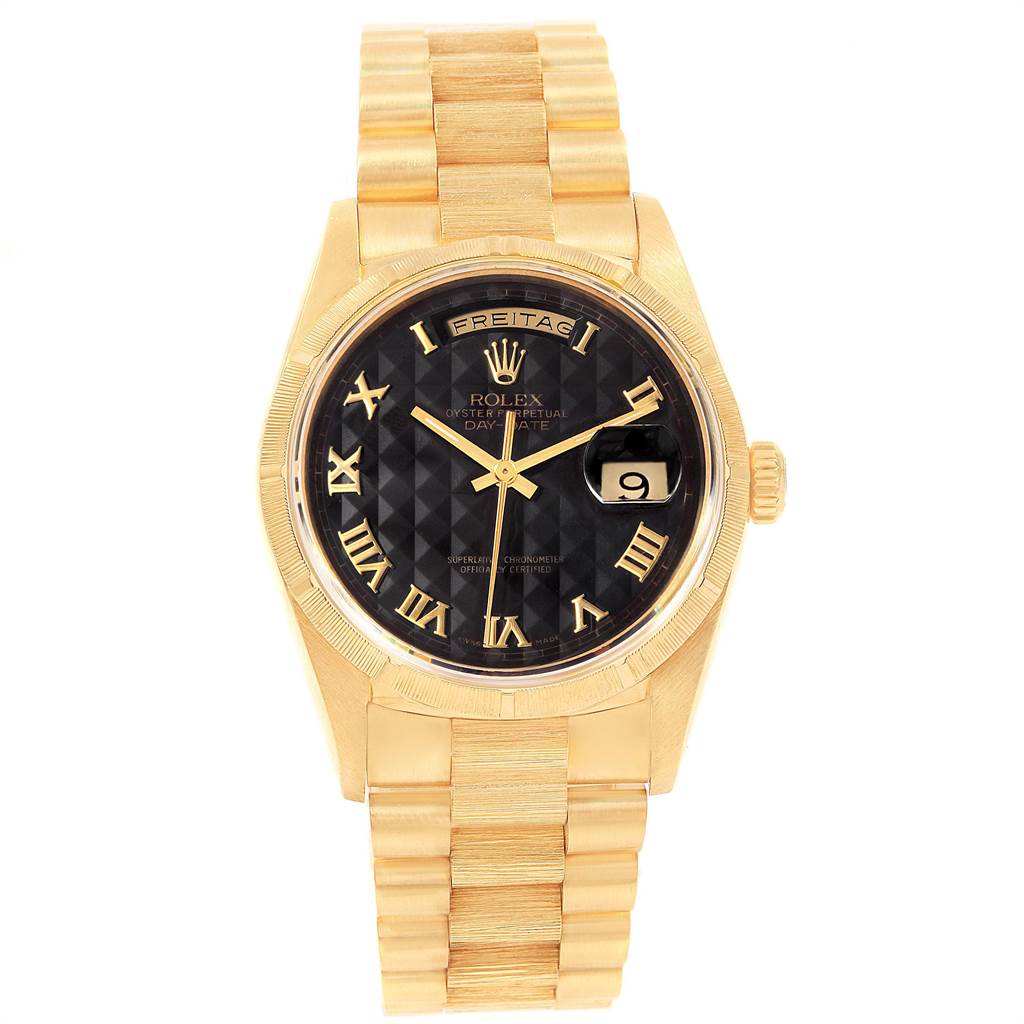 The image shows a Rolex President 18248 Men
s Yellow Gold Black Dial 18248 Men
s Yellow Gold Black Dial model watch from a front angle, featuring its dial, bezel, and bracelet.