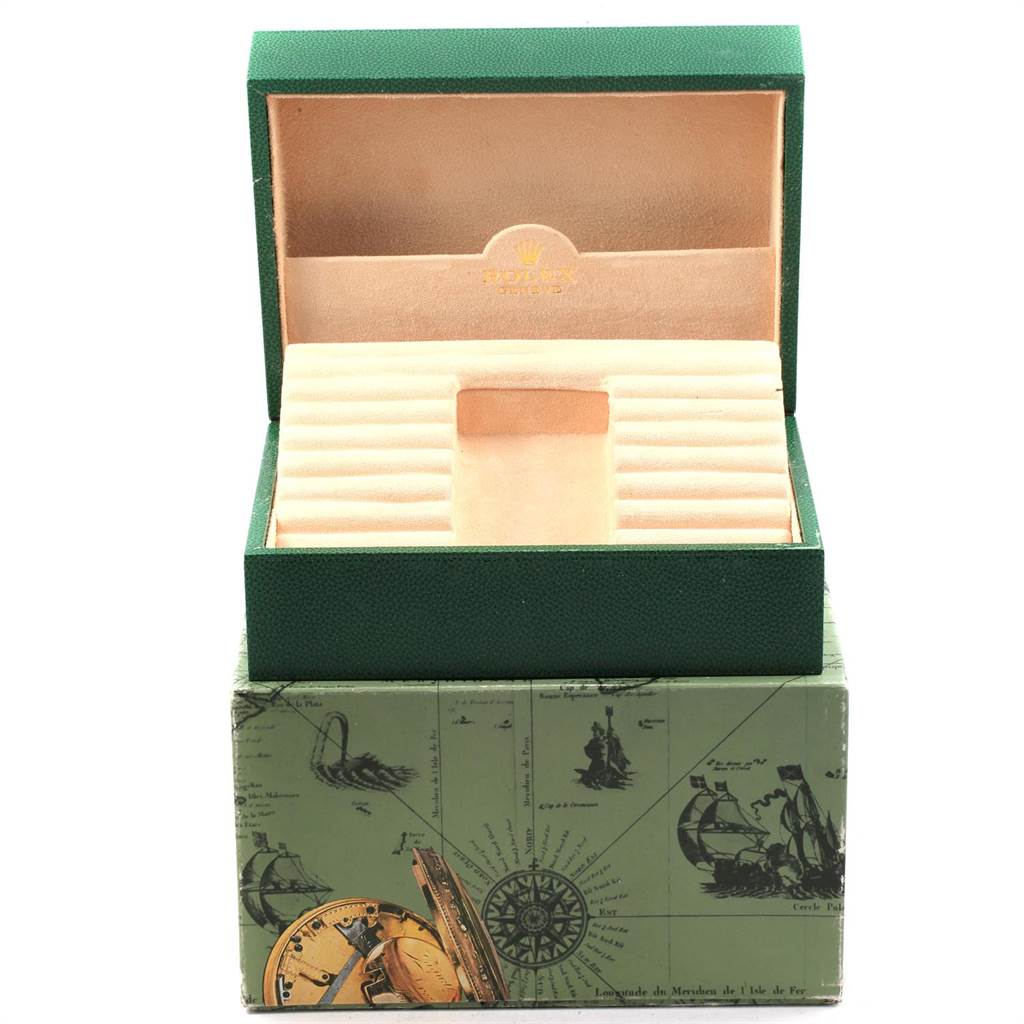 The image shows an open Rolex President 18248 Men
s Yellow Gold Black Dial 18248 Men
s Yellow Gold Black Dial watch box at a front angle, displaying the interior with the Rolex logo and watch cushion slot.