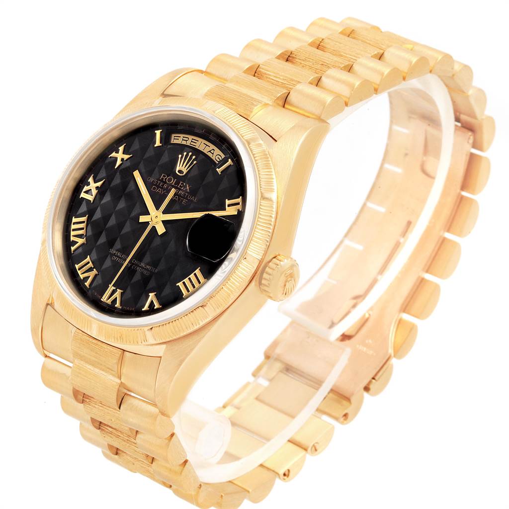 This Rolex President 18248 Men
s Yellow Gold Black Dial 18248 Men
s Yellow Gold Black Dial model watch is shown at an angle revealing the face, bezel, crown, and gold bracelet.