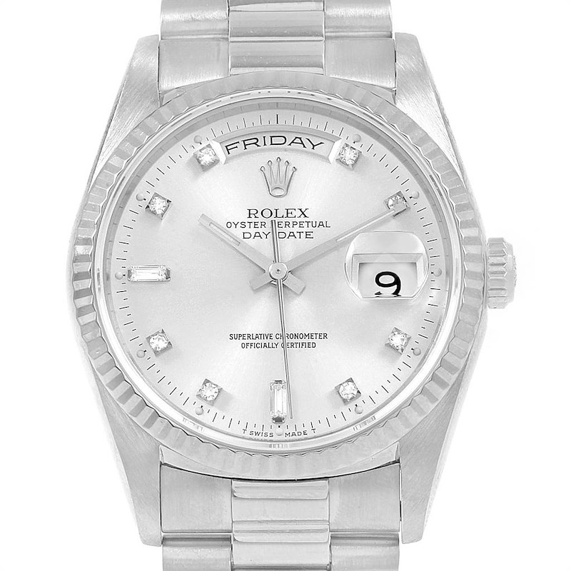 Rolex President Day-Date 18k White Gold Diamond Mens Watch 18239 SwissWatchExpo