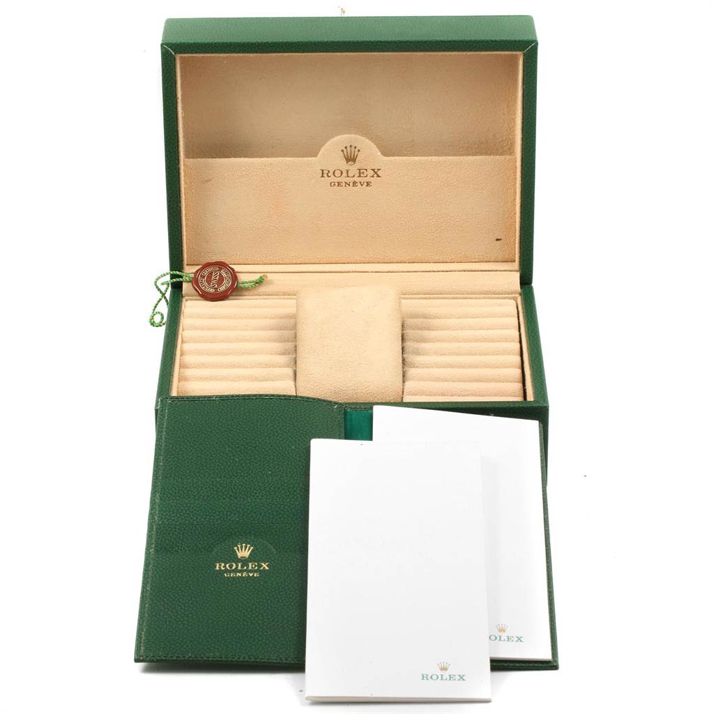 The image shows the packaging and accessories for a Rolex President 18239 Men's White Gold Silver Dial 18239 Men's White Gold Silver Dial model watch, including a green box, booklets, and a tag.